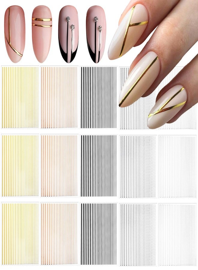 Kifmurase 15Pcs Gold Silver Lines Nail Art Stickers Decals 3D Golden French Manicure Strips Self-Adhesive Nails Art Decorations Supplies Geometric Waved Stripe Tape Manicure Sliders for Women DIY - Image 1